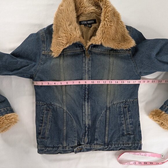 VTG Blue Denim Tan Faux Fur Trim Bleached Denim Trucker Jacket Y2k - Picture 3 of 7